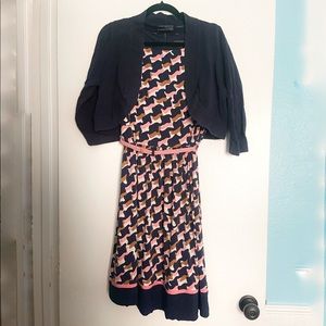 Navy Pink & White Patterned Dress w/ Shrug & Belt